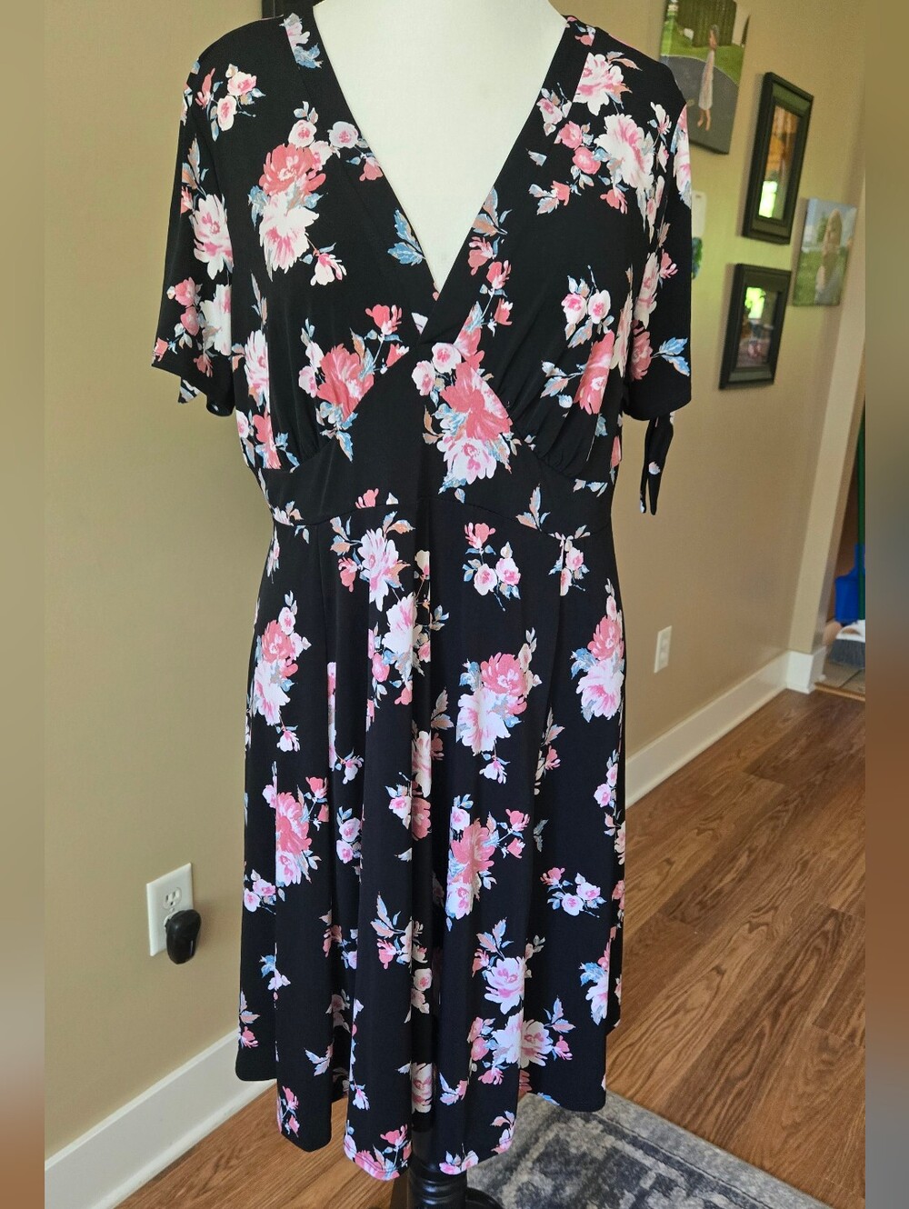 torrid Black Midi Dress with Pink & White Floral Print
